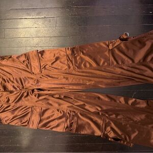 Fashion Nova Brown Satin Cargo Pants High Waist Wide Leg